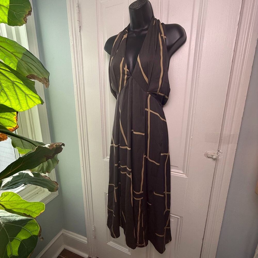 Banana Republic Halter Neck Dress Brown Gold Petite 4 Open Back Maxi Party